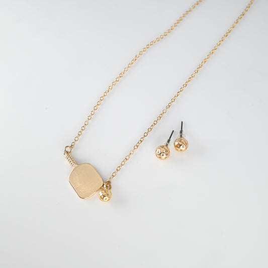 Gold Pickleball Stud Earring and Necklace Combo